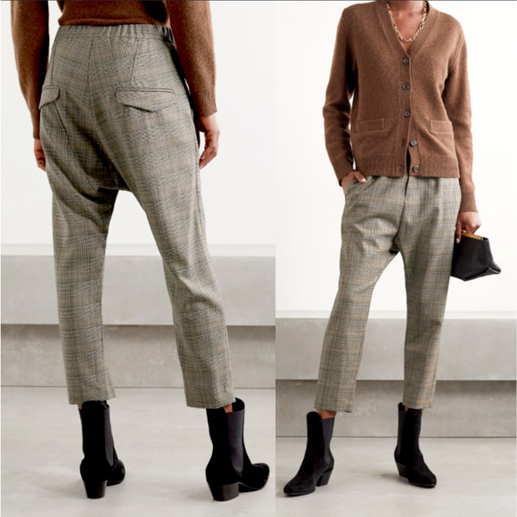 NEW! Nili Lotan 4 Delancy Plaid Wool Dress Pants Elastic Waist Cropped Gray Tan - Picture 1 of 16